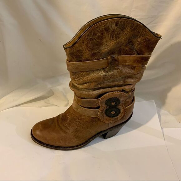 Johnny Ringo Size 7B Tan Distressed Slouch Harness Western Cowboy Boot - Picture 4 of 15